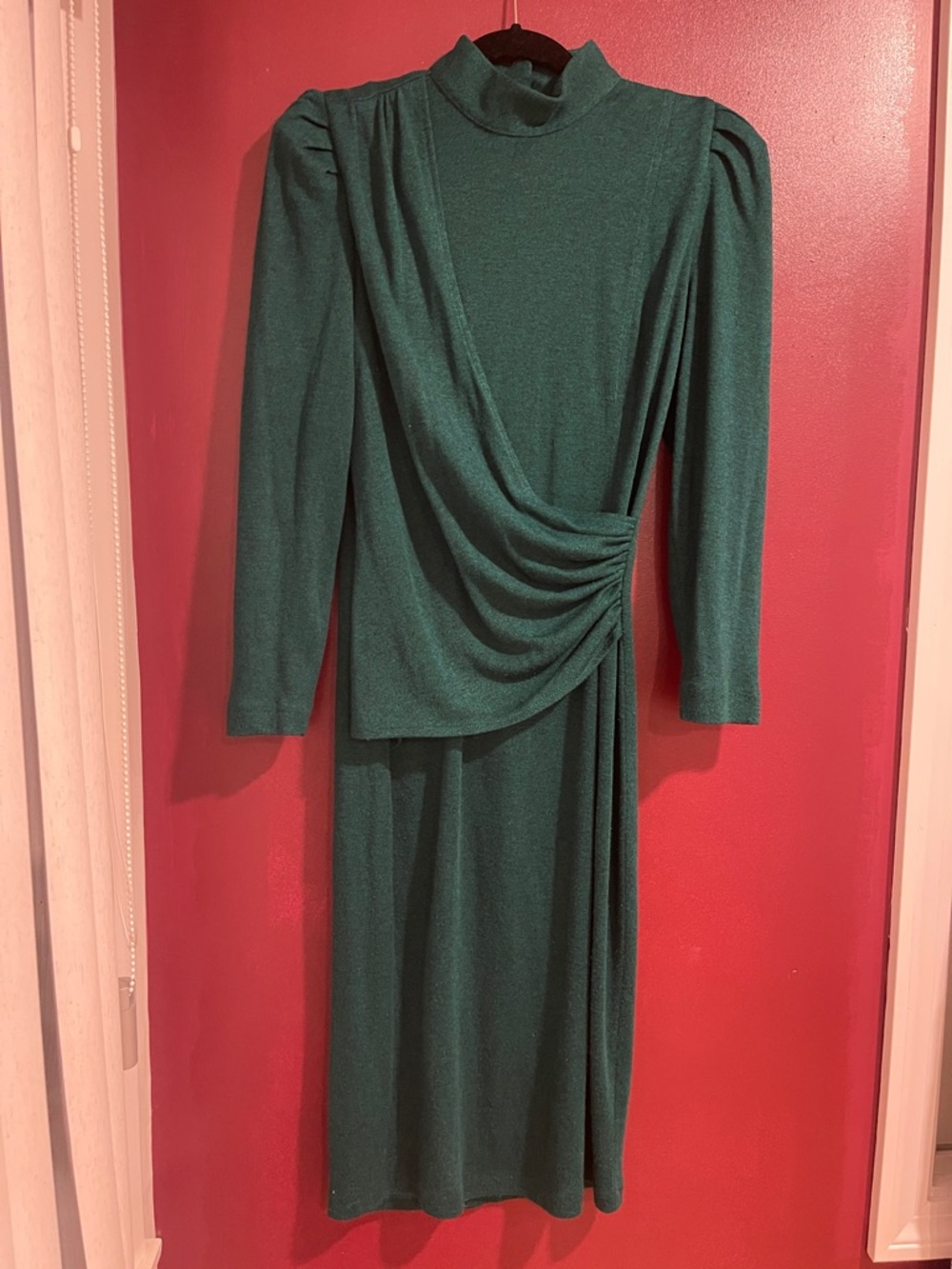 80s Long Sleeve Emerald Draped Midi Dress with Mock Neck